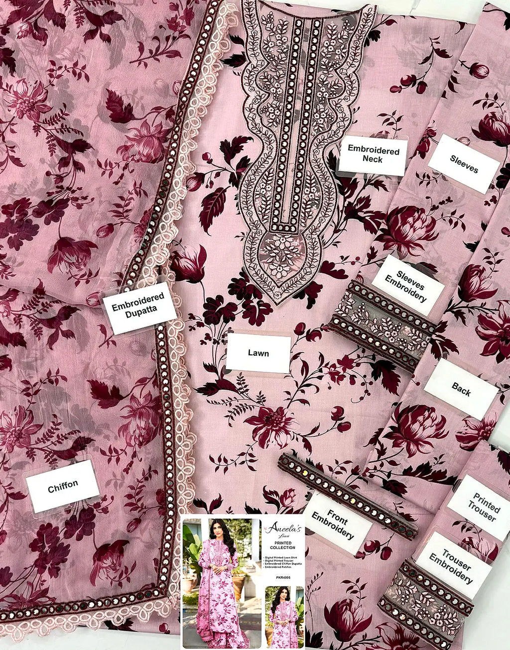 Aneela’s All-Over Print 9mm Sequins Embroidered Lawn 3Pc Unstitched Dress with 4-Side Embroidered Chiffon Dupatta